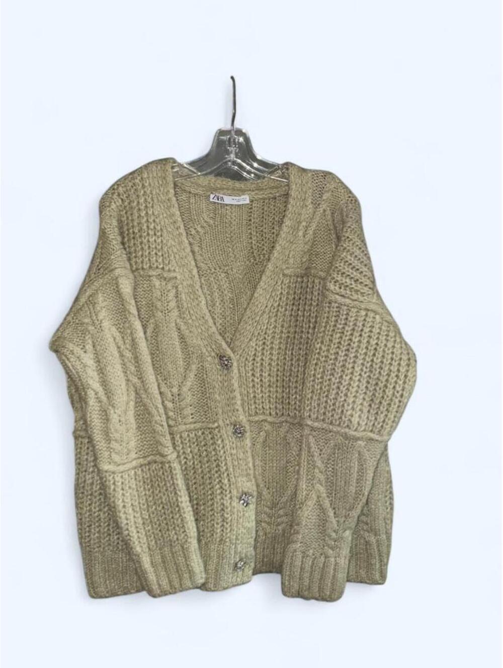 Zara green cable knit cardigan with unique buttons Size M
